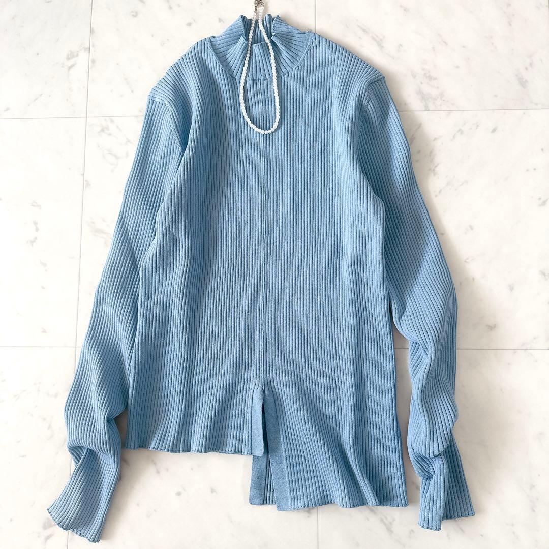 美品♪アドーア アシンメトリー ハイネックリブニット カットソー くすみブルー