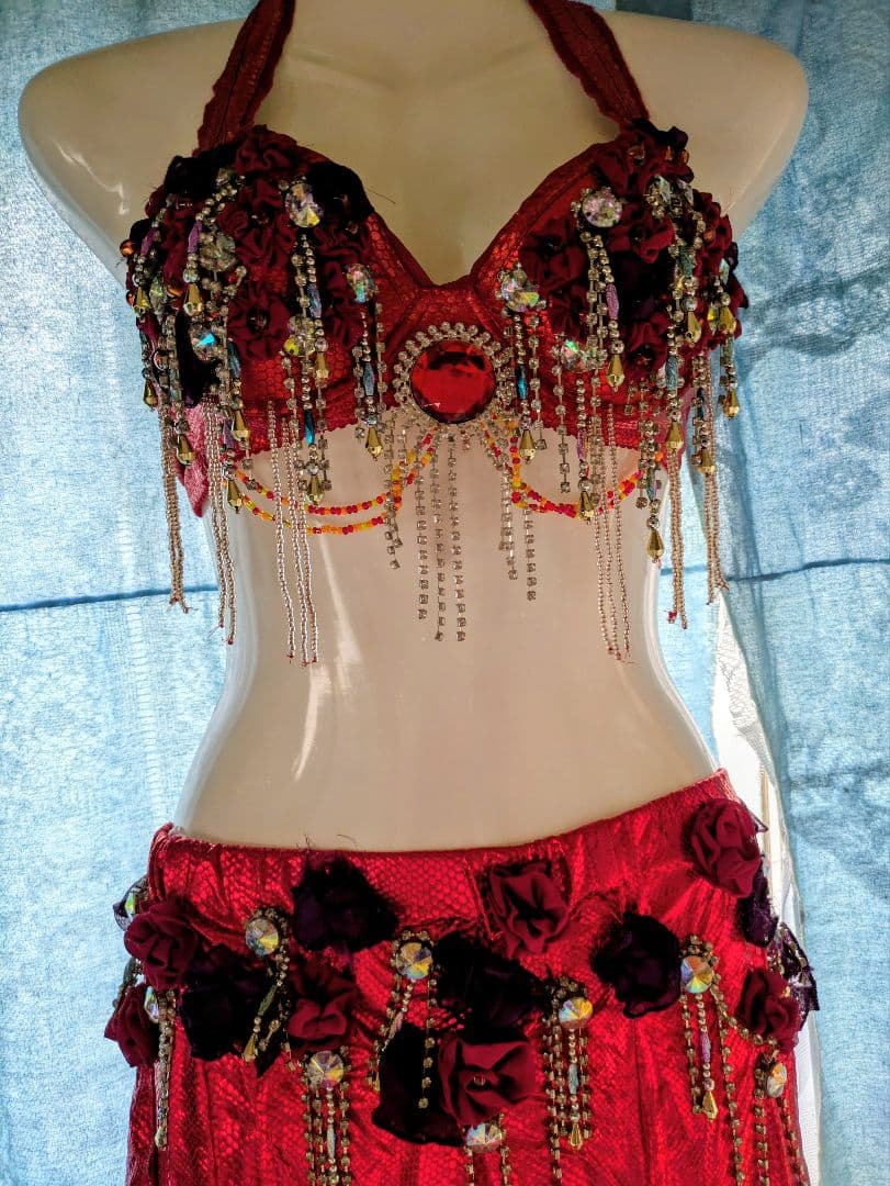 ベリーダンス 衣装 セットアップ レッド ブラ スカート 発表会 練習 新品