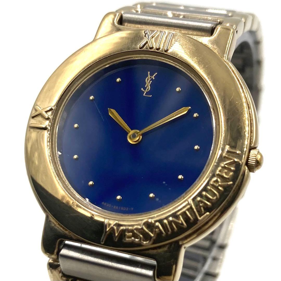 【稼動】 イヴサンローラン 腕時計 E60957Y QZ コンビカラー 青文字盤