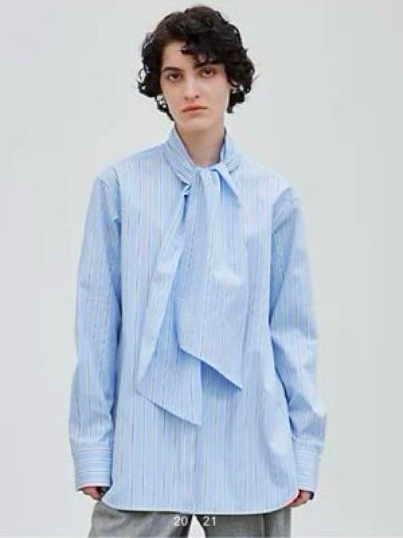 BEIGE，洗える　ストライプ　コットンボウタイブラウス