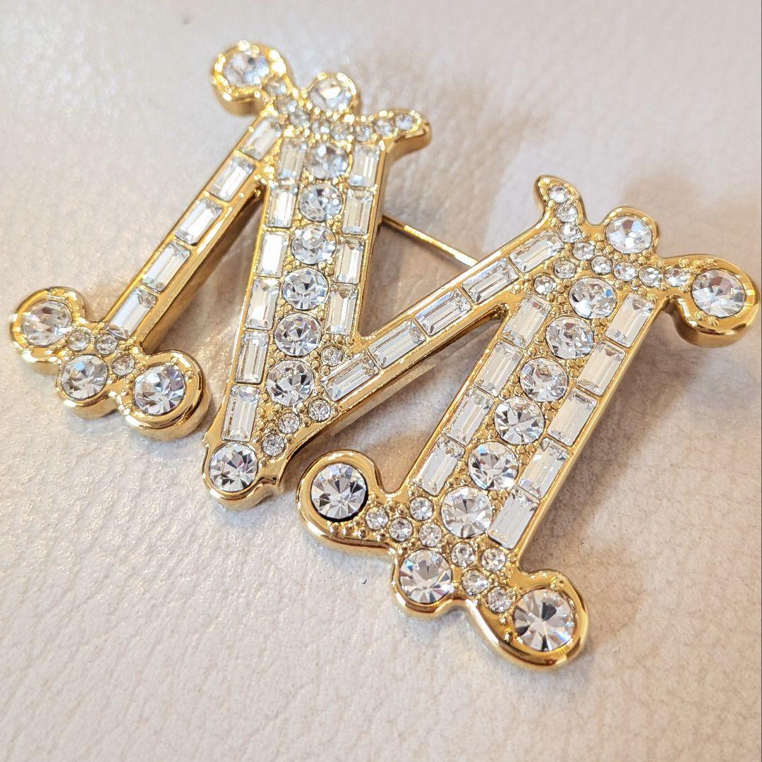 極美品✨MaxMara M字型ブローチ　ストーン　ゴールド金具　クリア　大粒