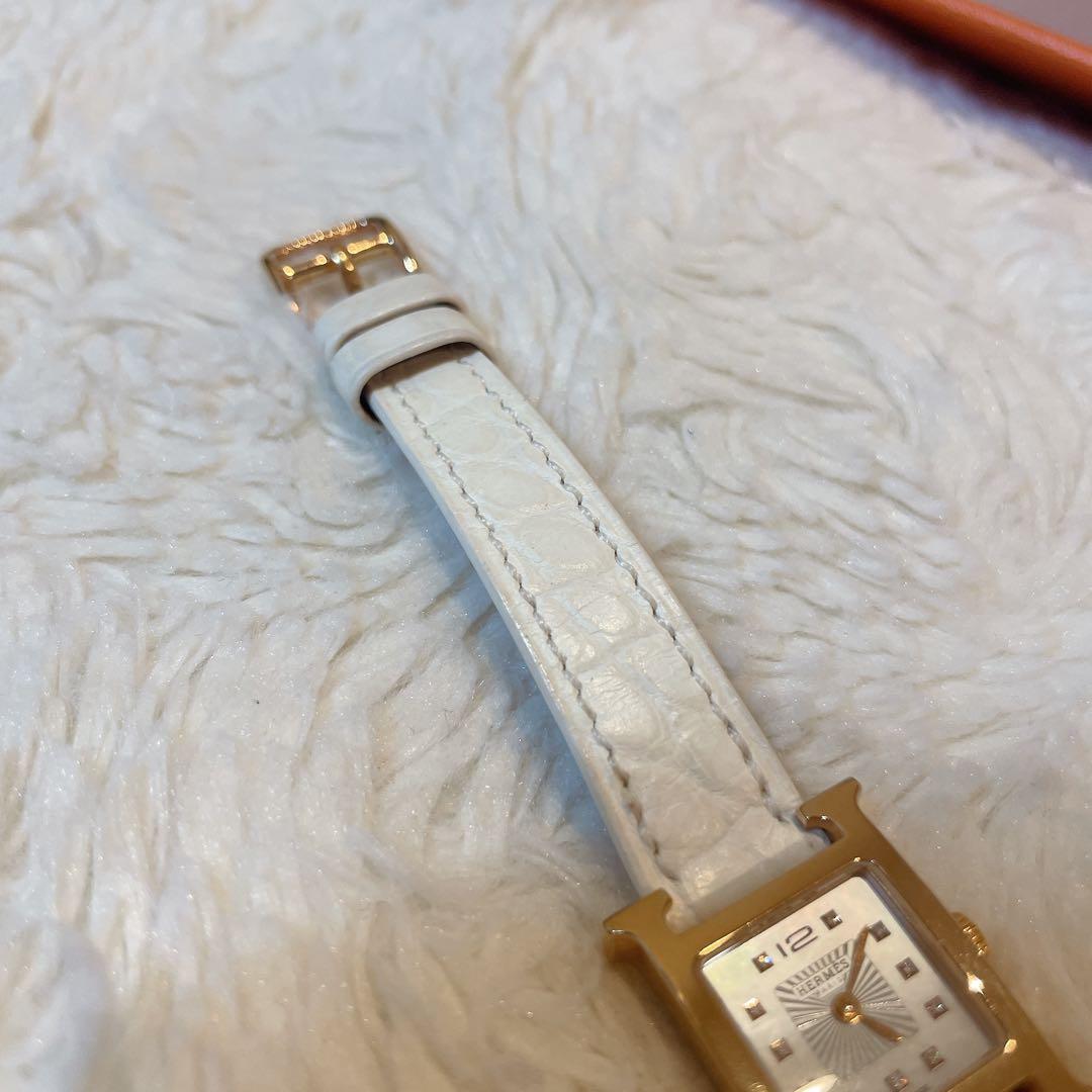 【美品】エルメス Hウォッチ ミニ 11ダイヤ クロコベルト ホワイト
