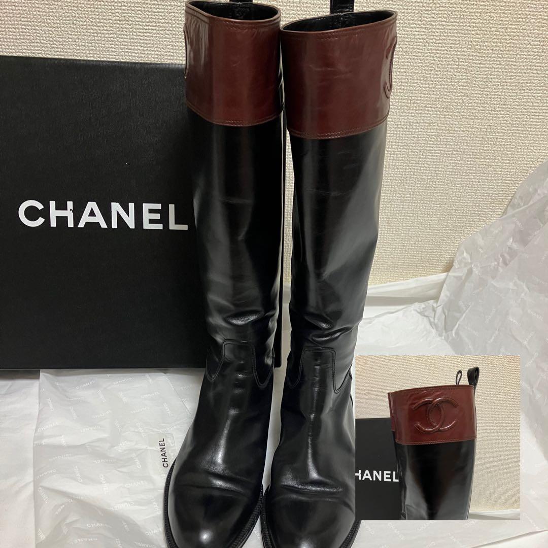 美品CHANELサイドココマーク バイカラー　ロングブーツ/ジョッキーブーツ
