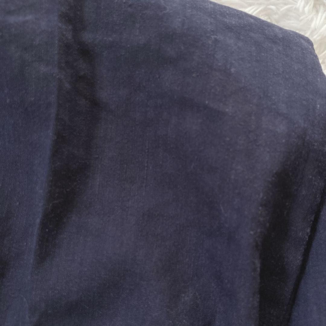 プラステ　パンツスーツ　ノーカラー　リネン混　ネイビー　L　夏スーツ　手洗い可