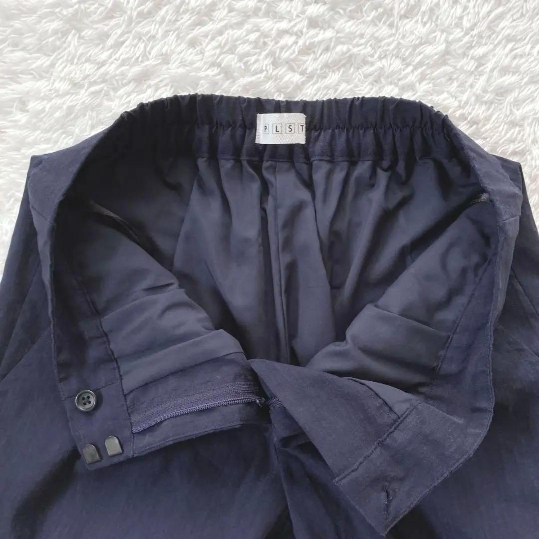 プラステ　パンツスーツ　ノーカラー　リネン混　ネイビー　L　夏スーツ　手洗い可