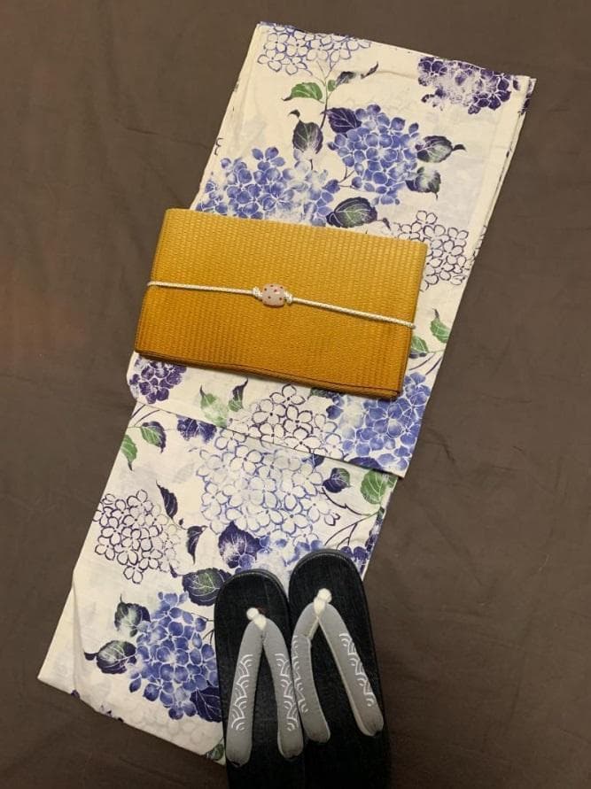 おまかせ下駄＋おまかせ黄色系の兵児帯つき◆◆高級変わり織◆涼し蒼紫陽花