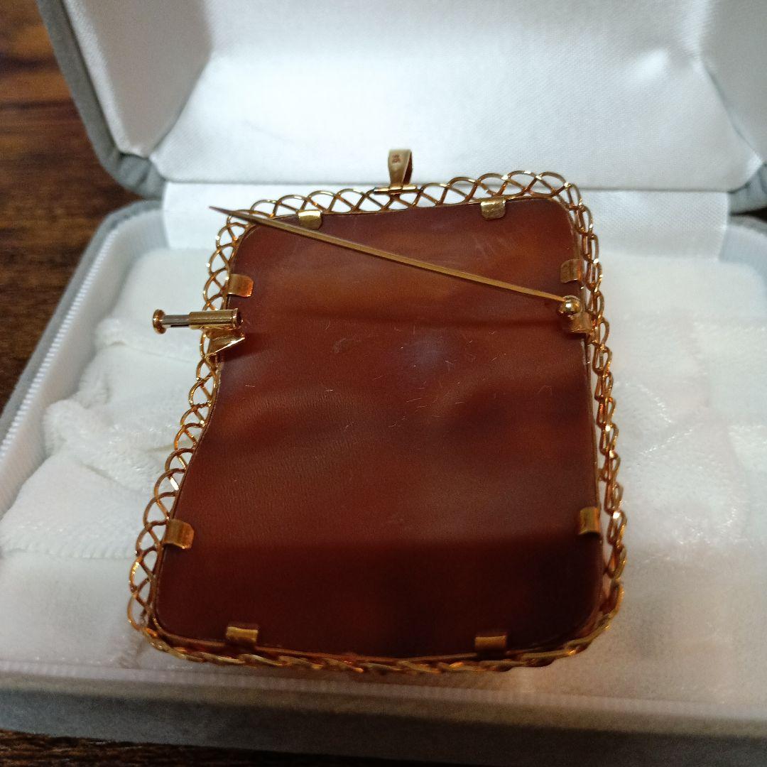 K18 カメオ ブローチ 作家ガロファロ　女性の横顔と花