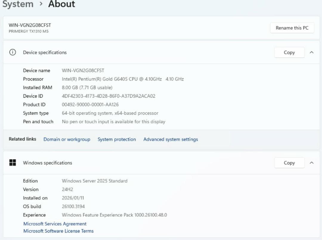 サーバー Fujitsu PRIMERGY TX1310 M5; 8GB; RAID1