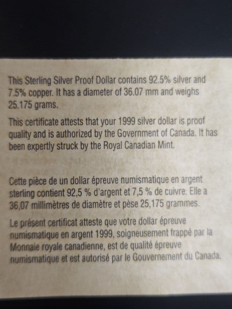 加 DOLLAR　225周年記念(1774〜1999) PF銀貨、説明書付