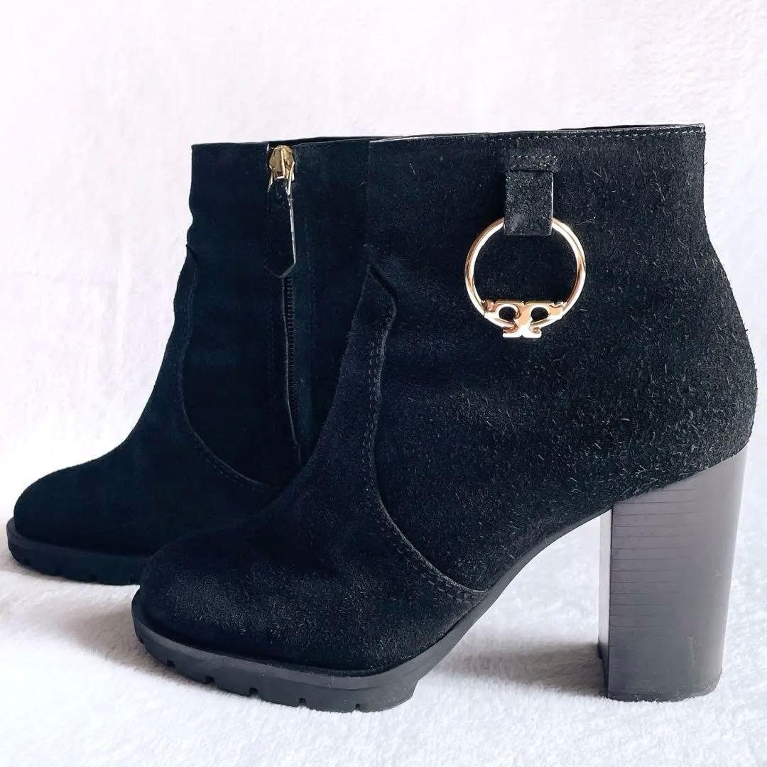トリーバーチ スゥェード ブーツ ゴールド金具 サイドジップ 太ヒール 黒