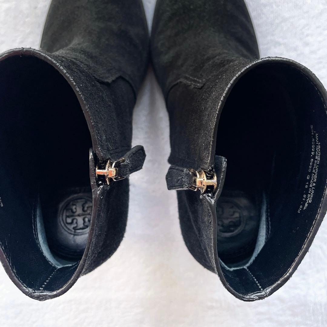 トリーバーチ スゥェード ブーツ ゴールド金具 サイドジップ 太ヒール 黒