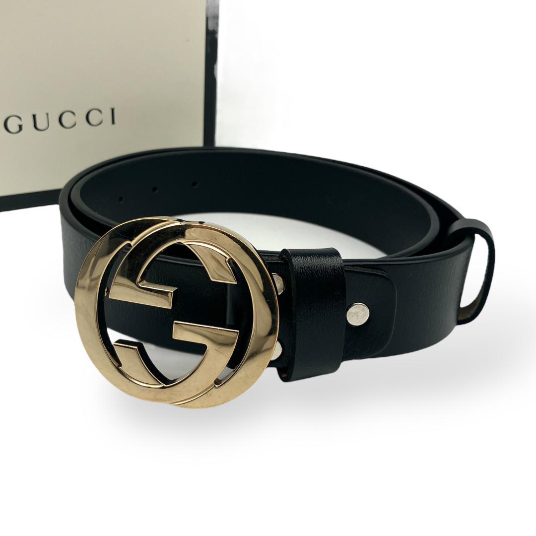 GUCCI グッチ インターロッキングバックル ベルト付き ゴールド ブラック
