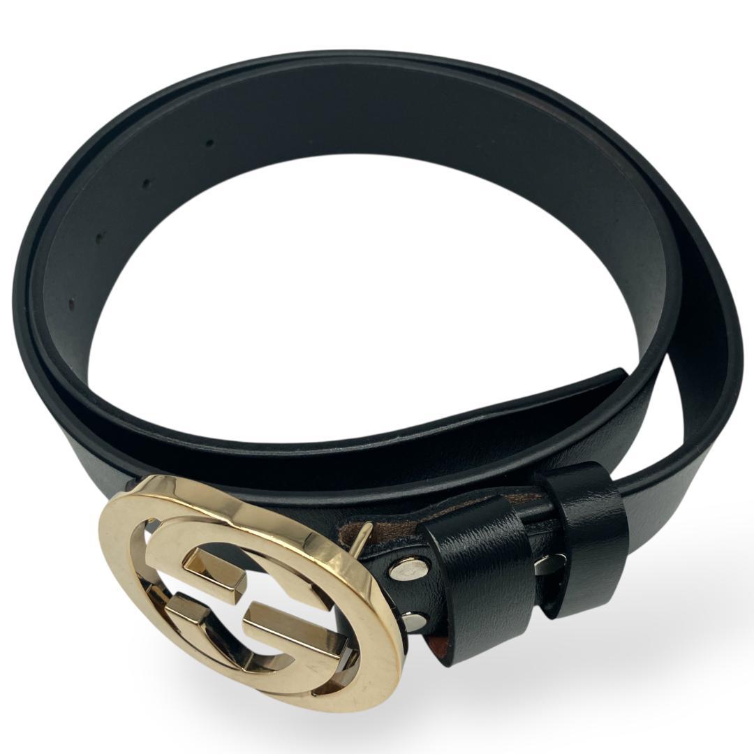 GUCCI グッチ インターロッキングバックル ベルト付き ゴールド ブラック