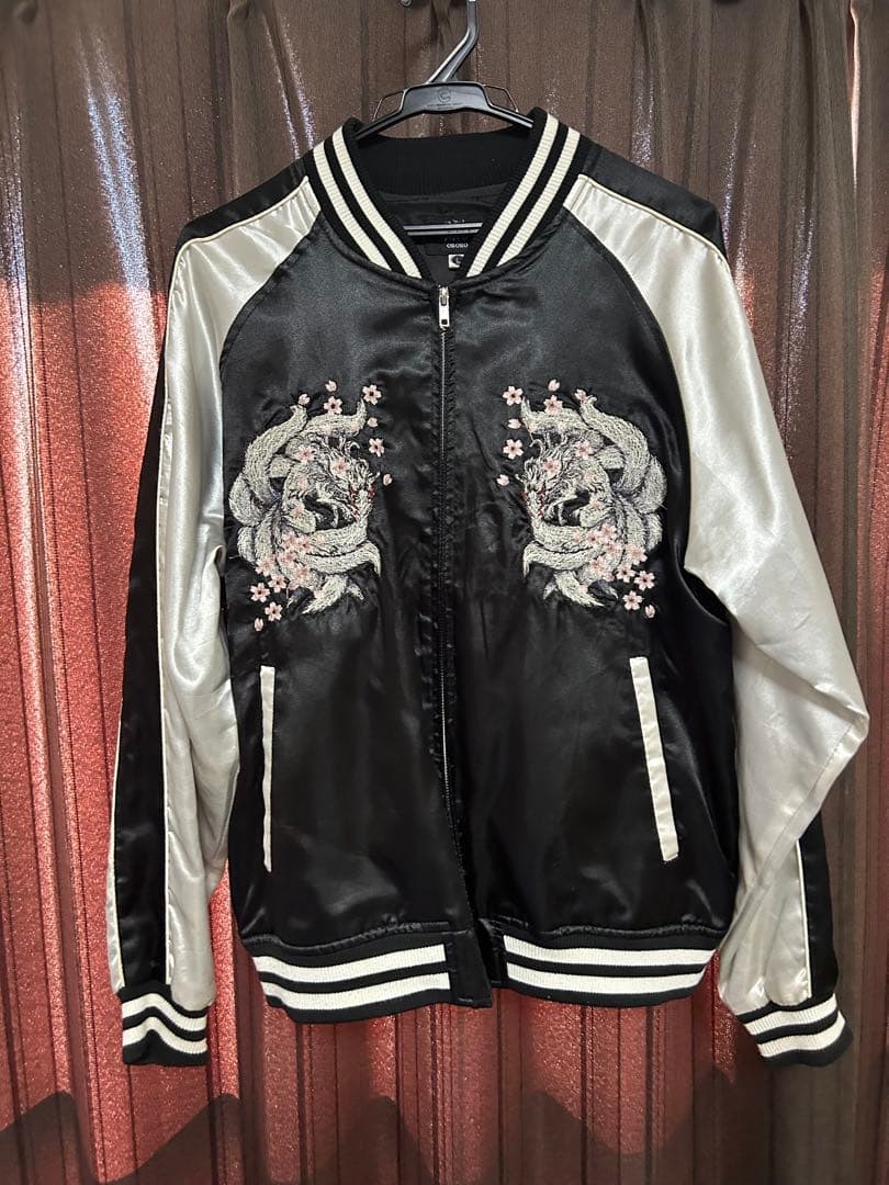 【美品】OBORO スカジャン 九尾×桜刺繍 L 黒×シルバー 横須賀ジャケット