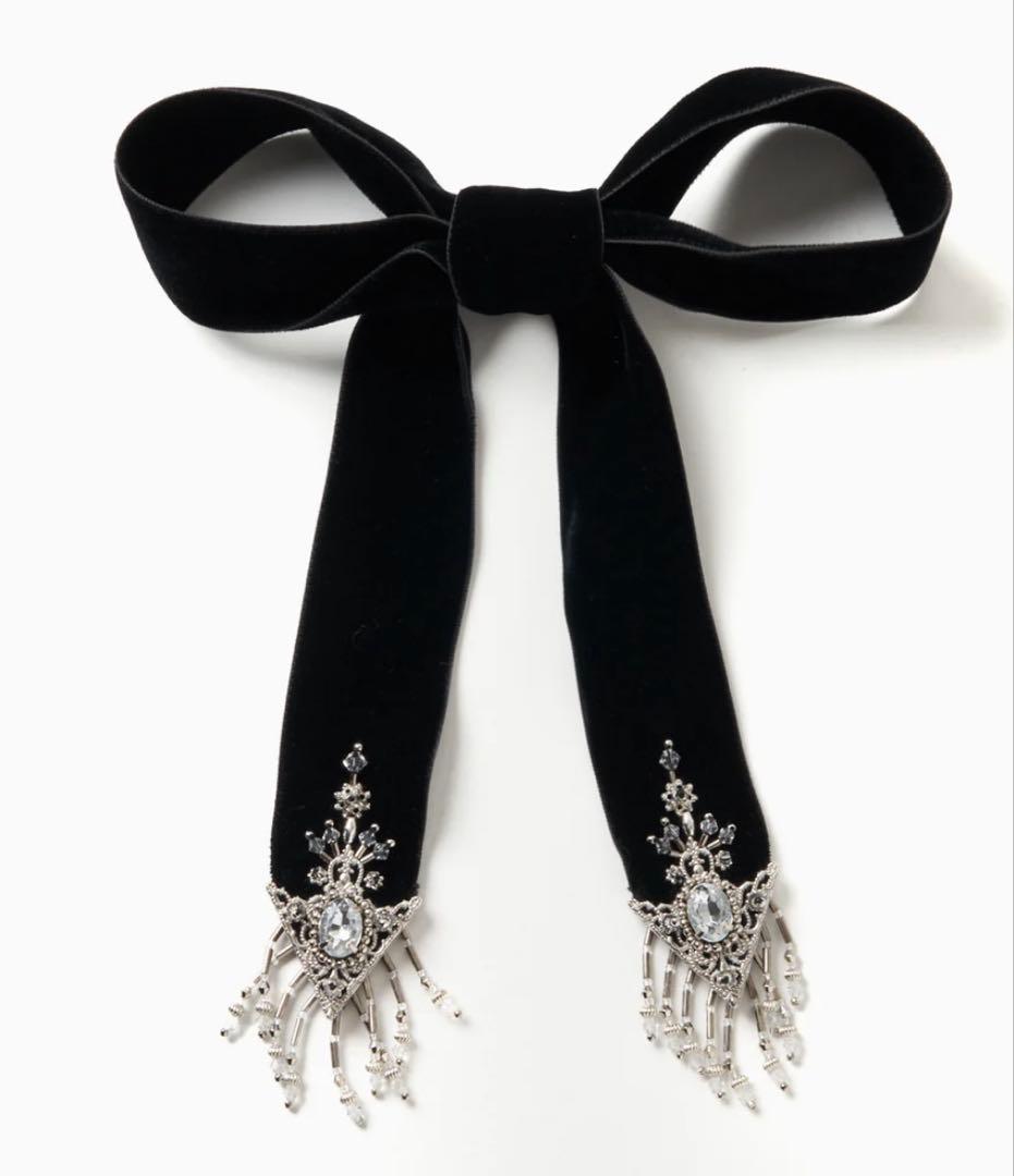 ヘアアクセサリー crystal silver tip velvet long ribbon