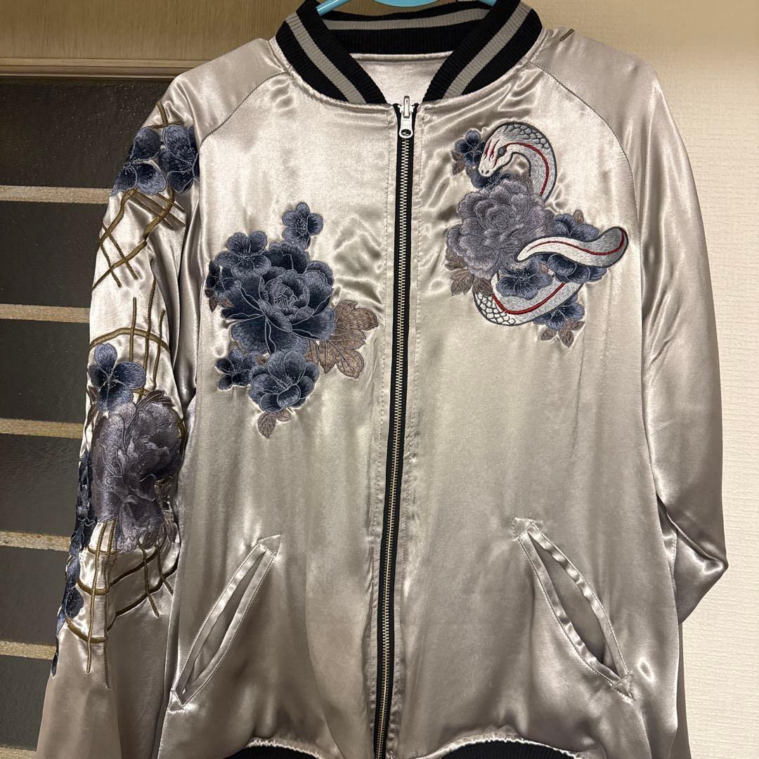 白い蛇刺繍 シルバー スカジャン XL