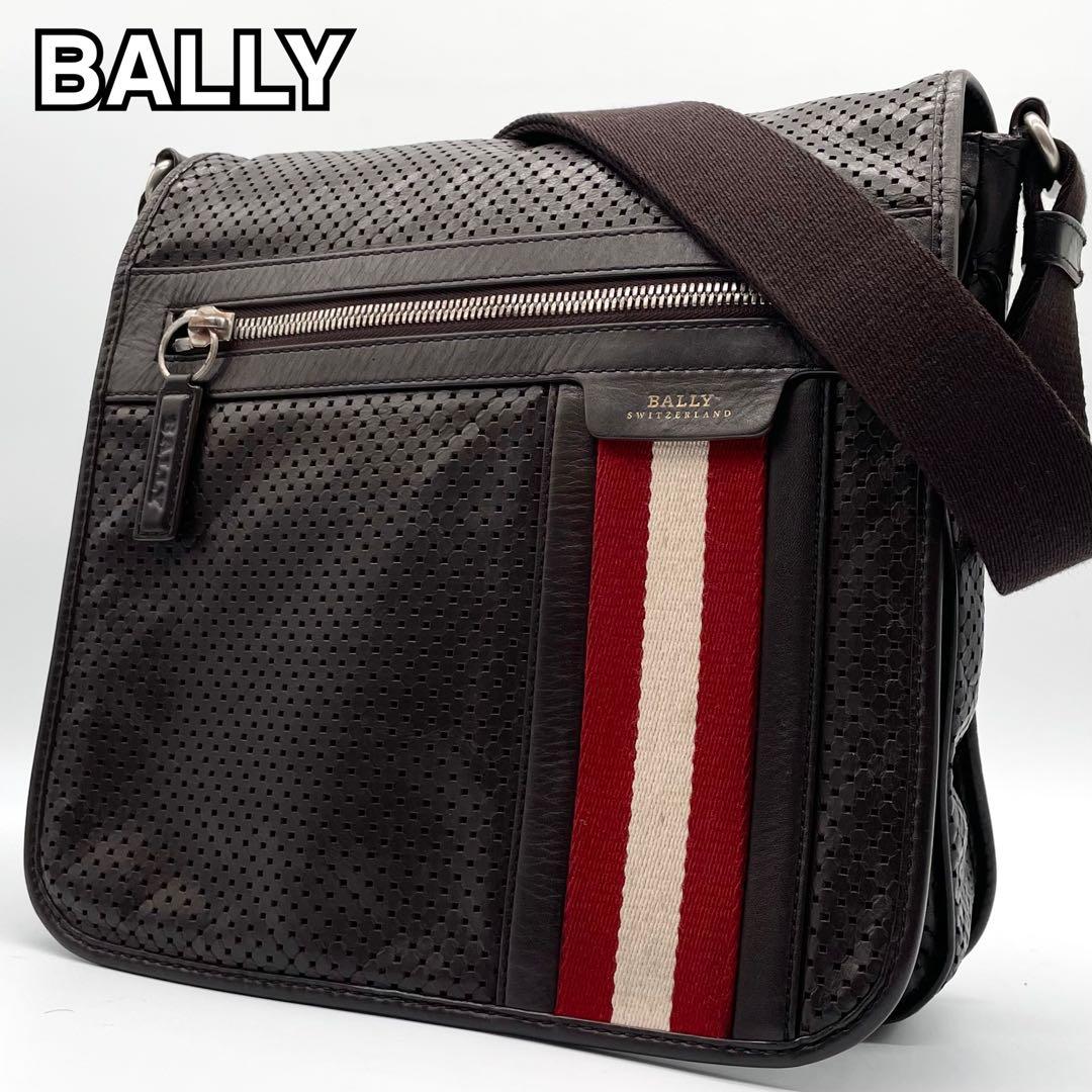【美品】BALLY メッセンジャーバッグ パンチング レザー ブラウン トレスポ