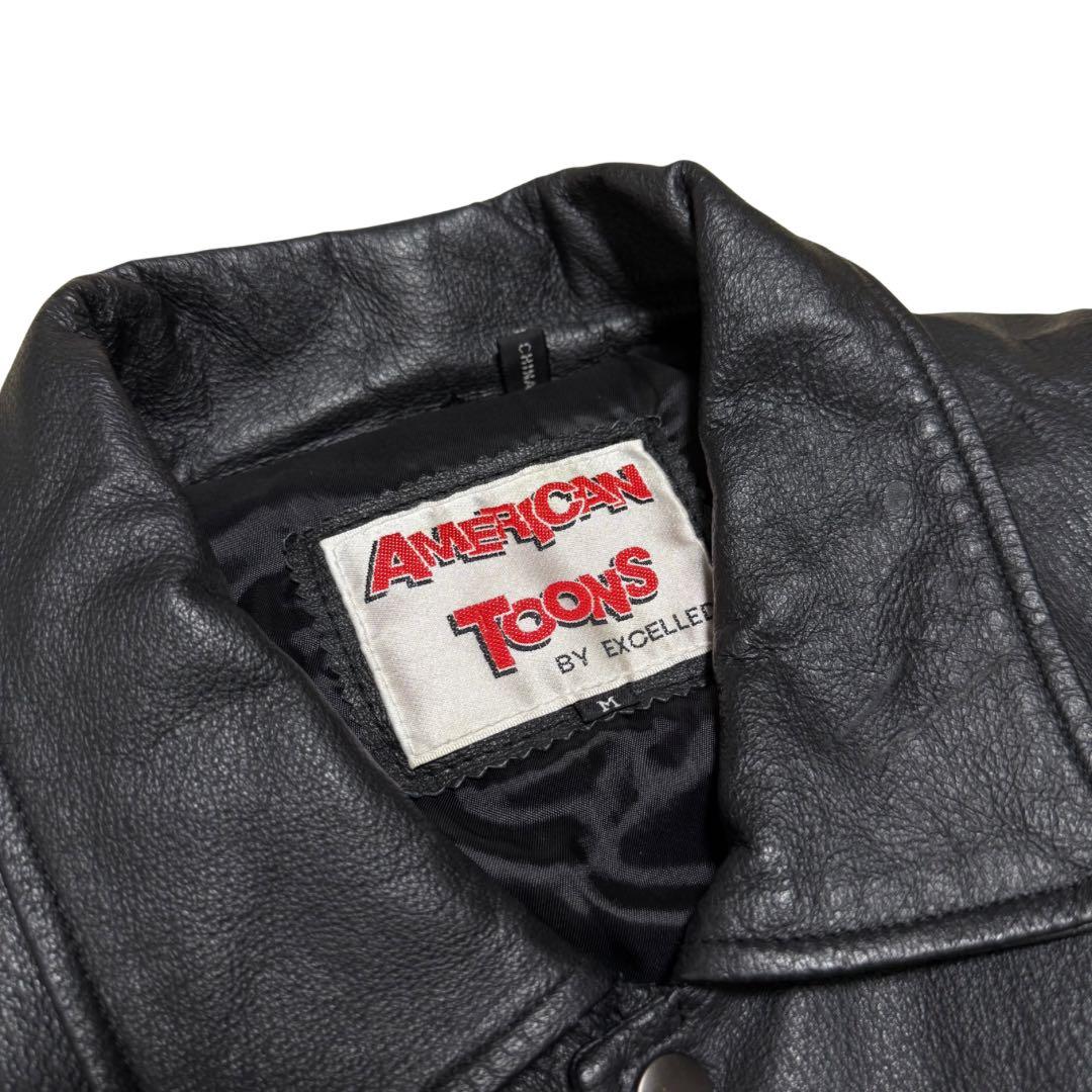 稀少90s American Toons レザーブルゾン M 黒ワッペン A-2