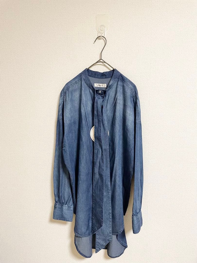 【新品】モニーレ ボウタイ リボン デニムシャツ 濃いブルー ダンガリーシャツ