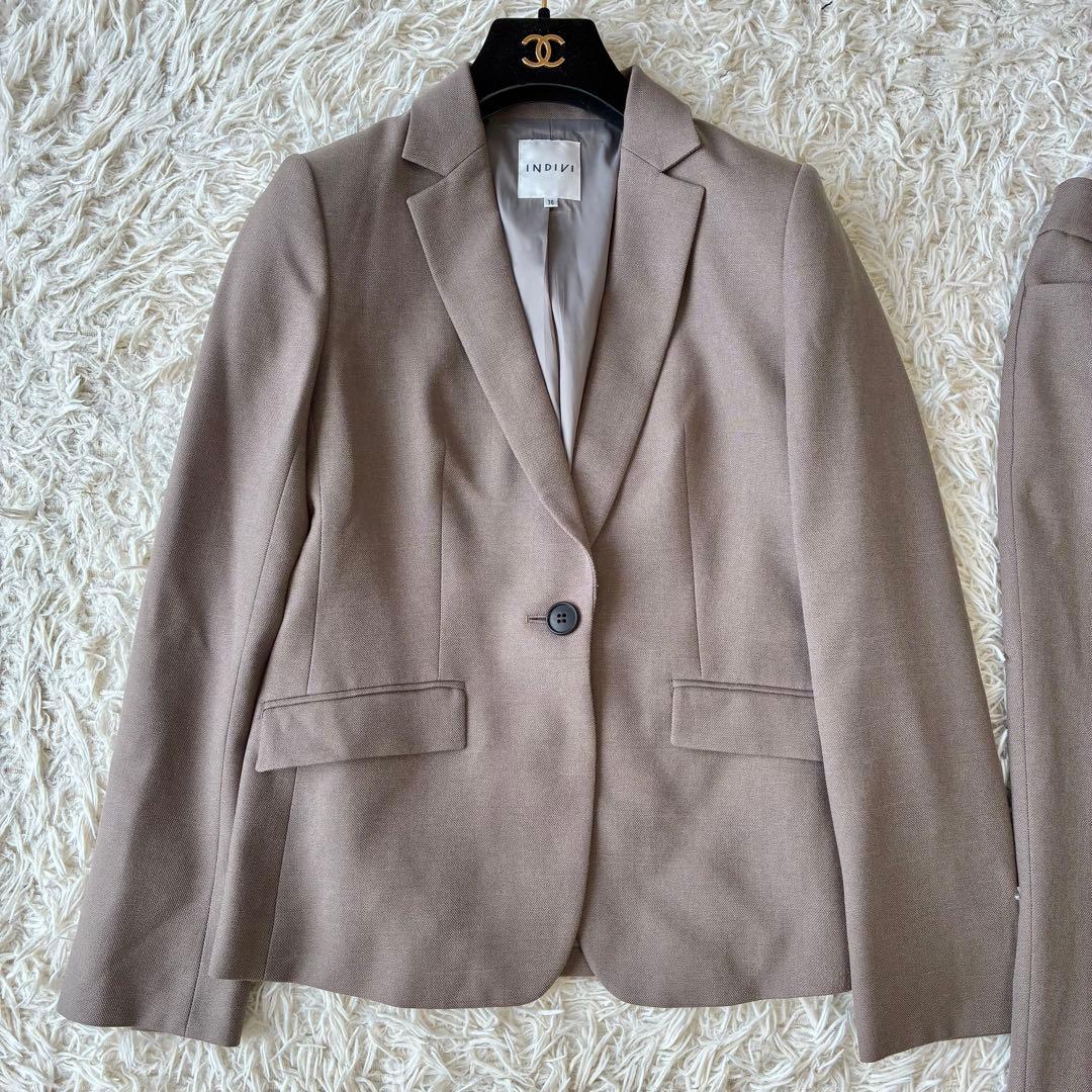 INDIVI 洗える ストレッチ ジャケット テーパードパンツ セット ブラウン