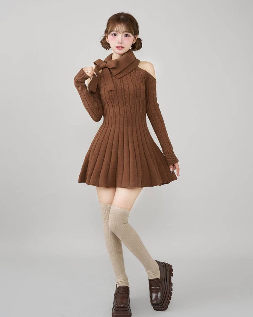 ダーリッチ アメスリフレアニットミニワンピース 茶色 【フリー】