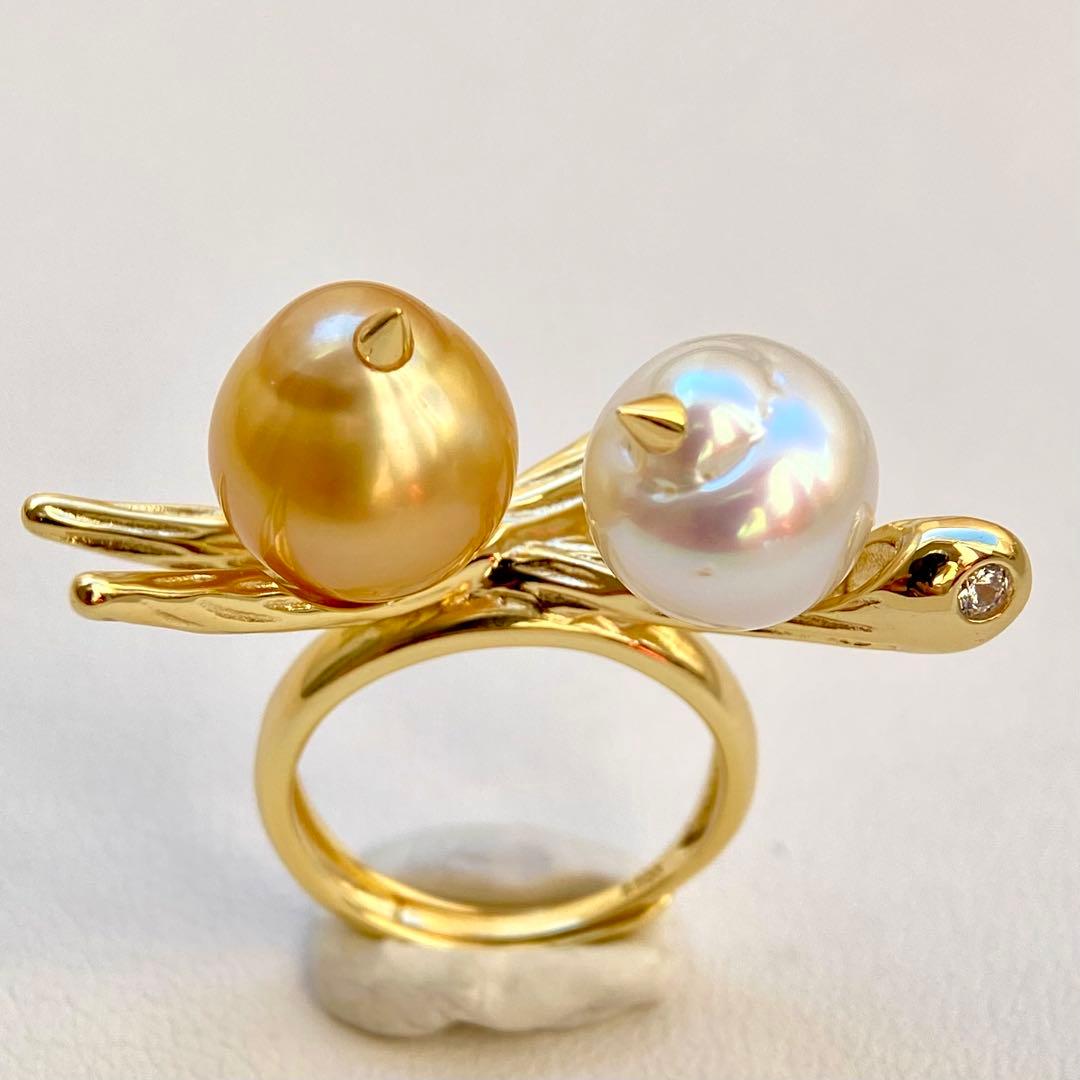 本真珠南洋白蝶真珠　茶金とホワイト無調「鳥と枝」s925リングY1059