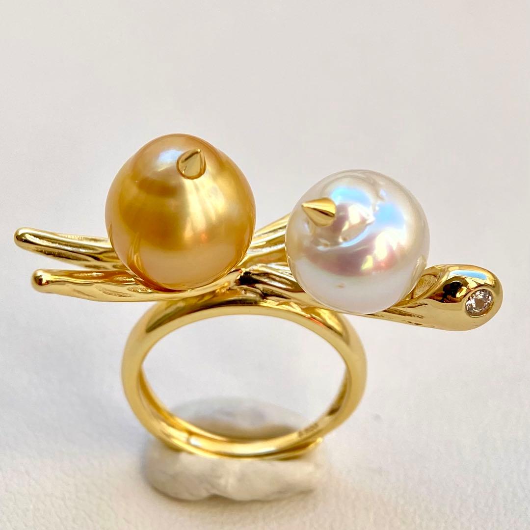 本真珠南洋白蝶真珠　茶金とホワイト無調「鳥と枝」s925リングY1059