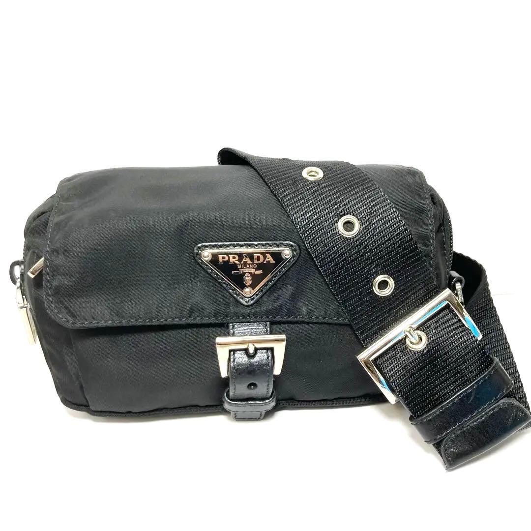 E9206 美品 プラダ PRADA ロゴプレート ウエストポーチ ナイロン