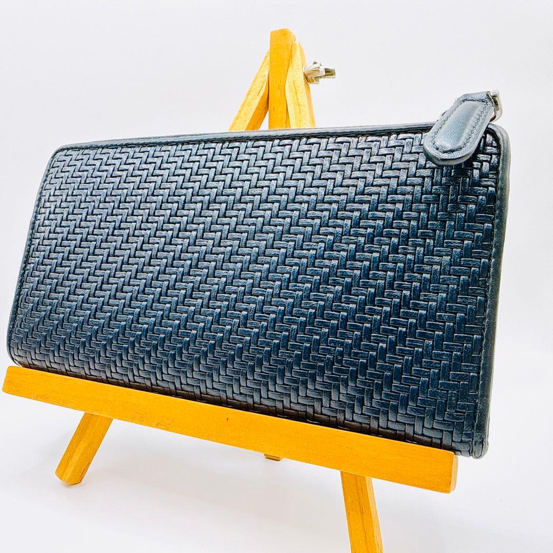 エルメネジルドゼニア　長財布　編み込みレザー　L字ファスナー　伊　黒