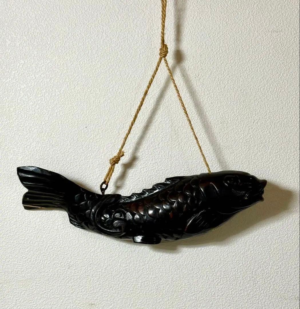 【民藝】囲炉裏・自在鉤◇木彫りの鯉・荒縄付@Folk Art