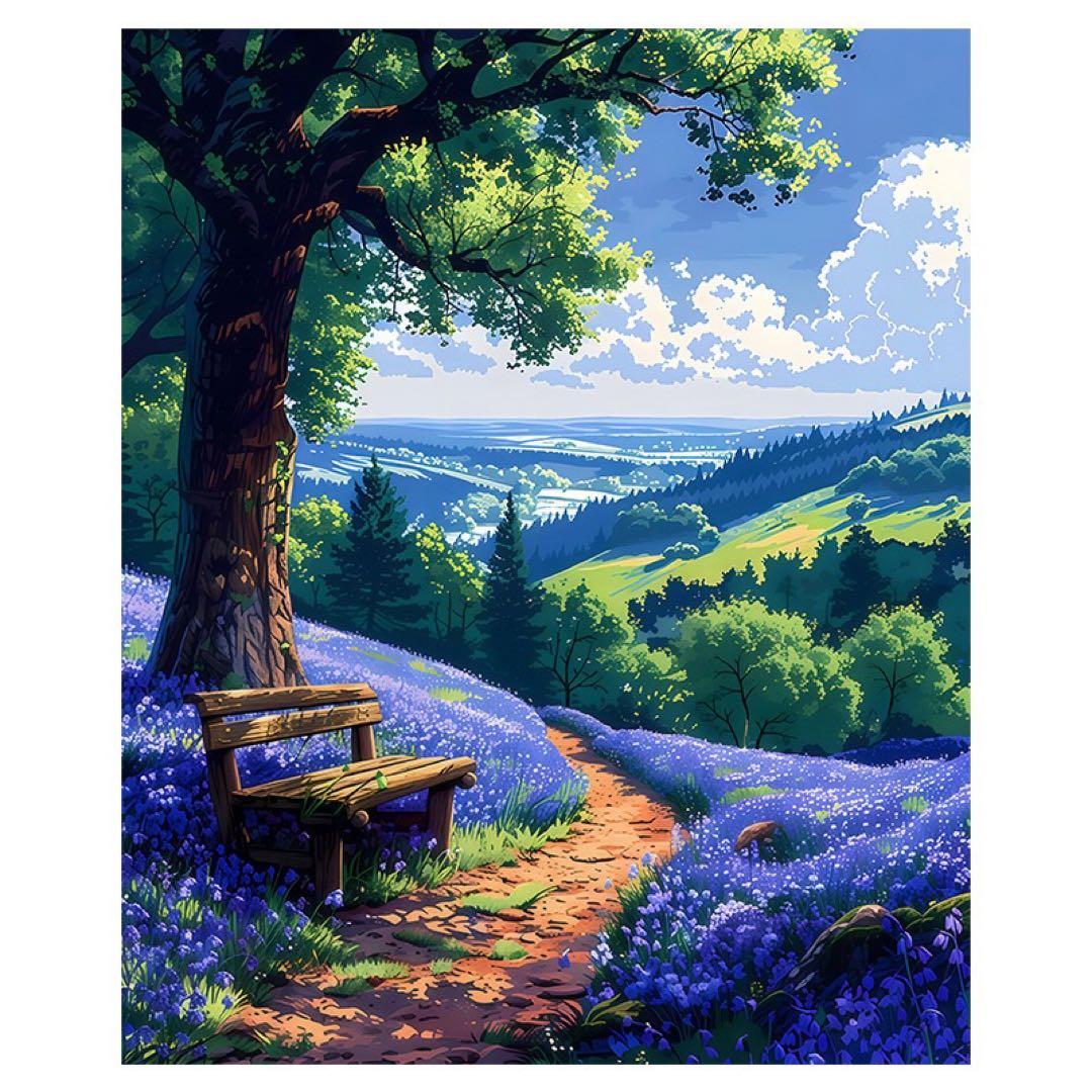 風景デジタルアート ベンチと花畑