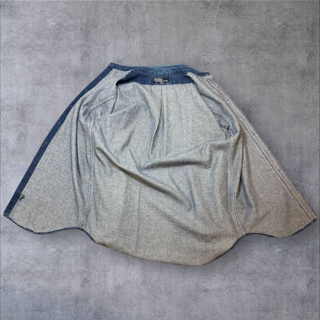 90s ラルフローレン デニムシャツ 長袖 赤ポニー 刺繍ロゴ M ヴィンテージ