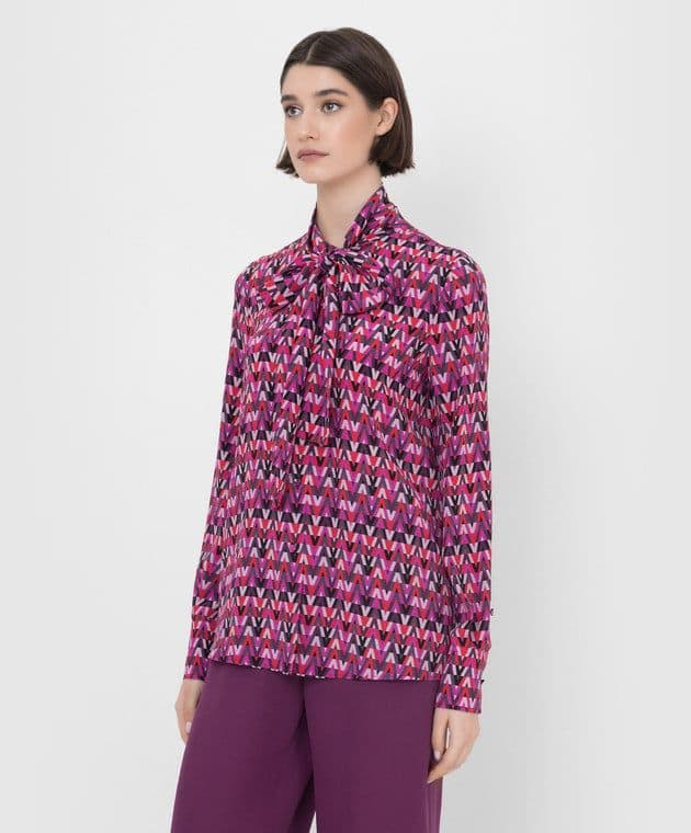 VALENTINO ピンク Vロゴ モノグラム ボウタイ ブラウス シルク
