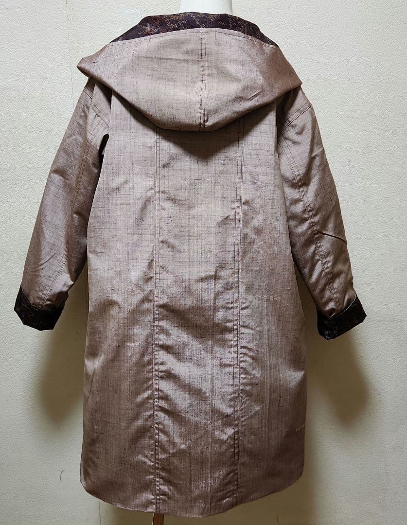 正絹結城紬&無地系紬着物リメイクリバーシブルWフ－ドコ－ト＊結城紬マフラー付き