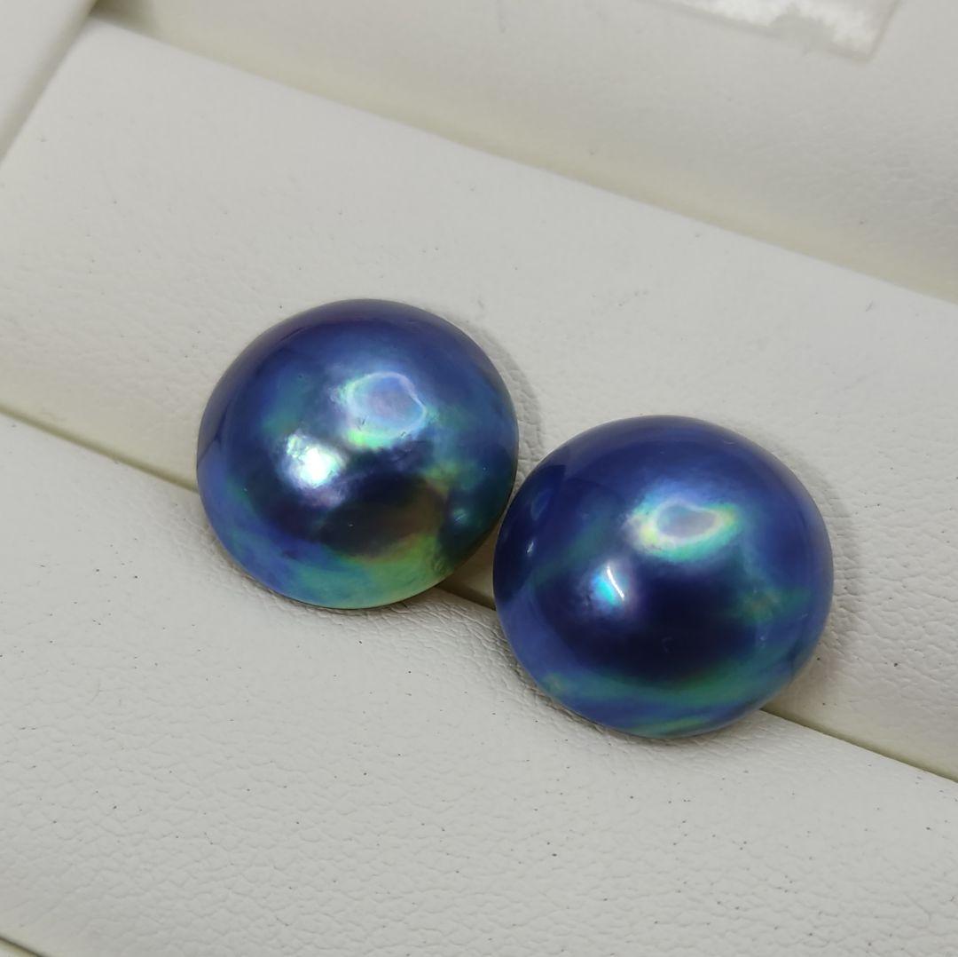 くっきー☆様ご確認用　本真珠　マベパール　ブルー緑オーロラ干渉色　S925ピアス