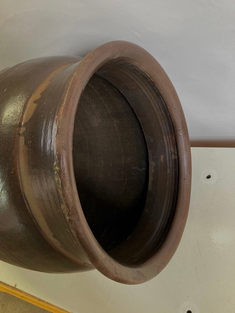 古道具 甕 昭和レトロ 陶器製 オブジェ 陶器製水鉢 ダークブラウン 約60cm