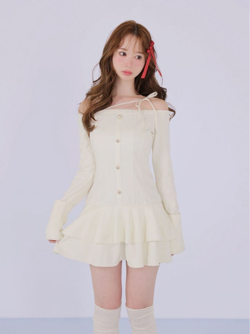 ワンピース Ribbon strap tiered frill mini onepiece