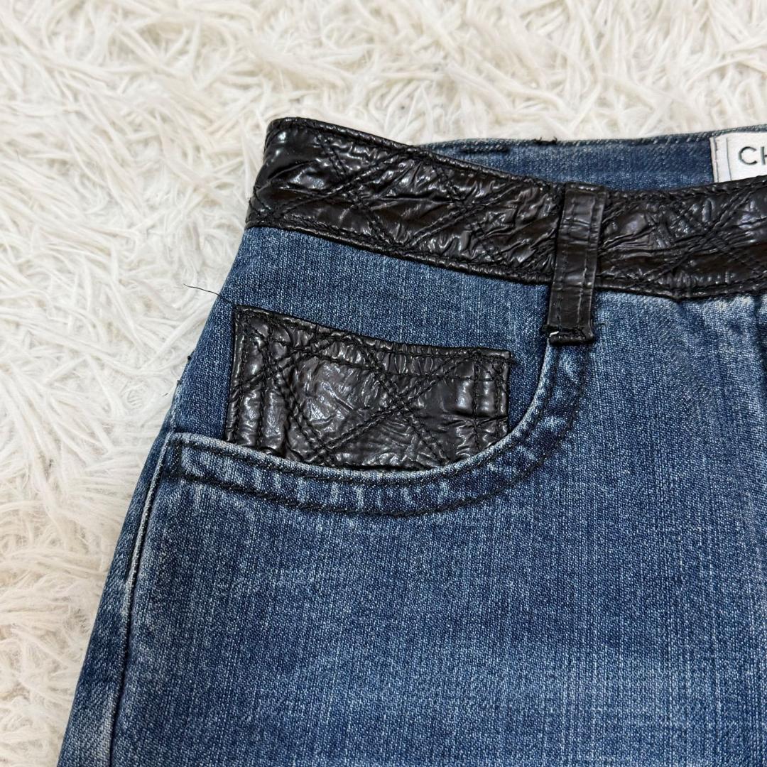 14348✨CHANEL マトラッセ レザー切替 デニムパンツ 38 M