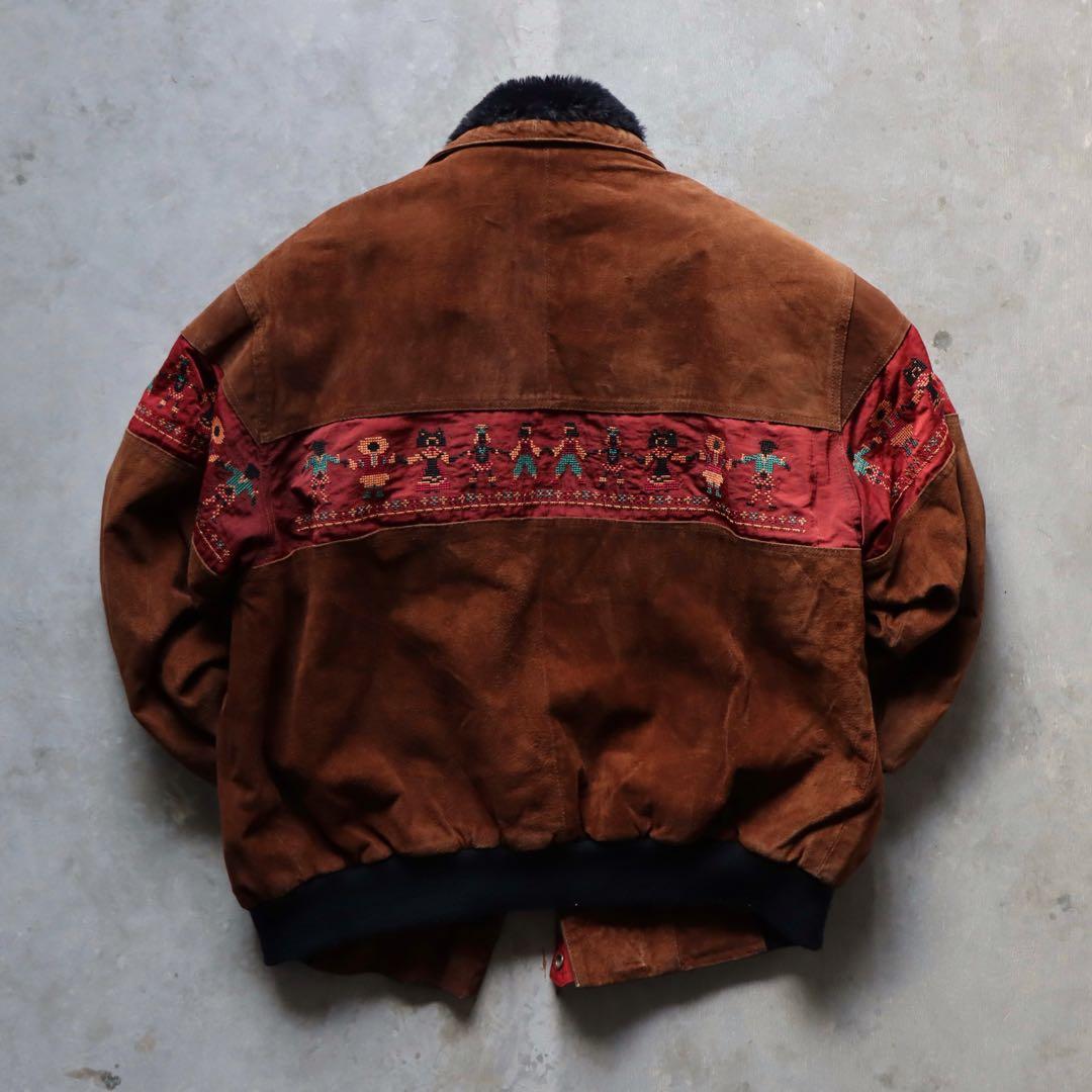 90s ブラウン レザースエードジャケット 刺繍　ファー襟 キルティング