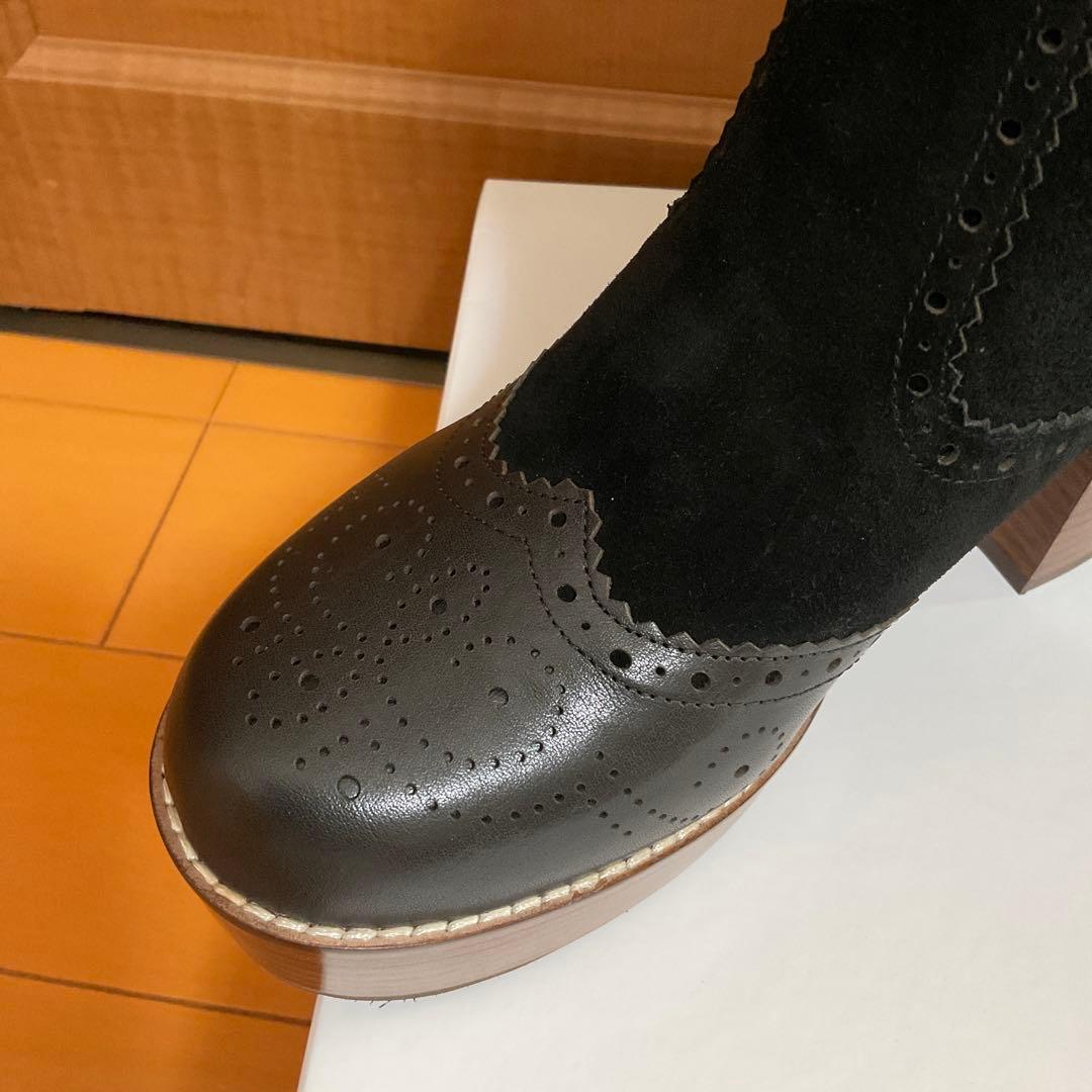 新品未使用 あしながおじさん 黒 スエード ブローグデザイン ブーツ