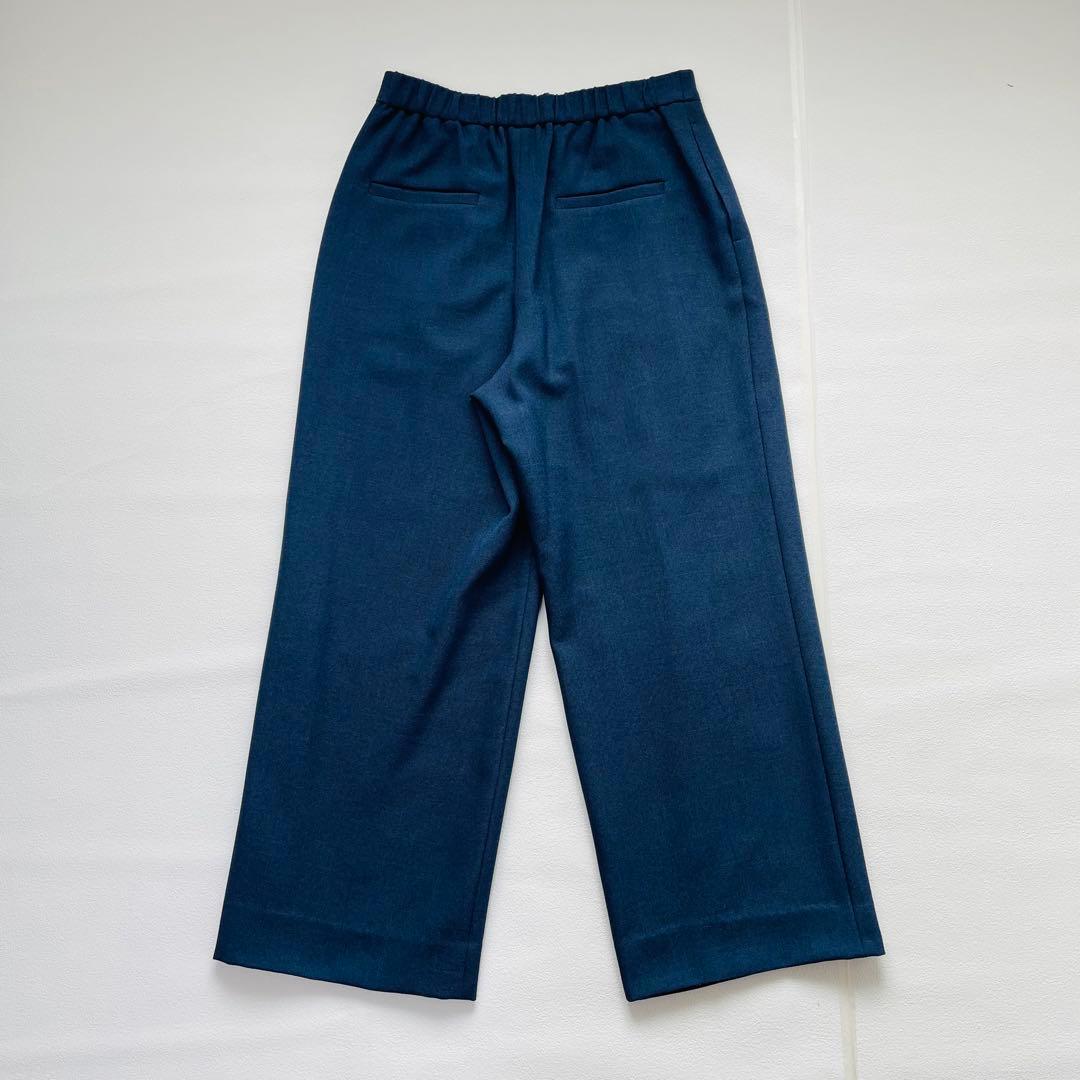 インディヴィ ノーカラー ワイドパンツスーツ ネイビー ストレッチ 洗える