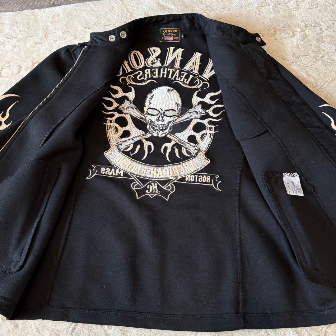 VANSON ライダース ジャケット ジャージ スカル クロスボーン 刺繍 M