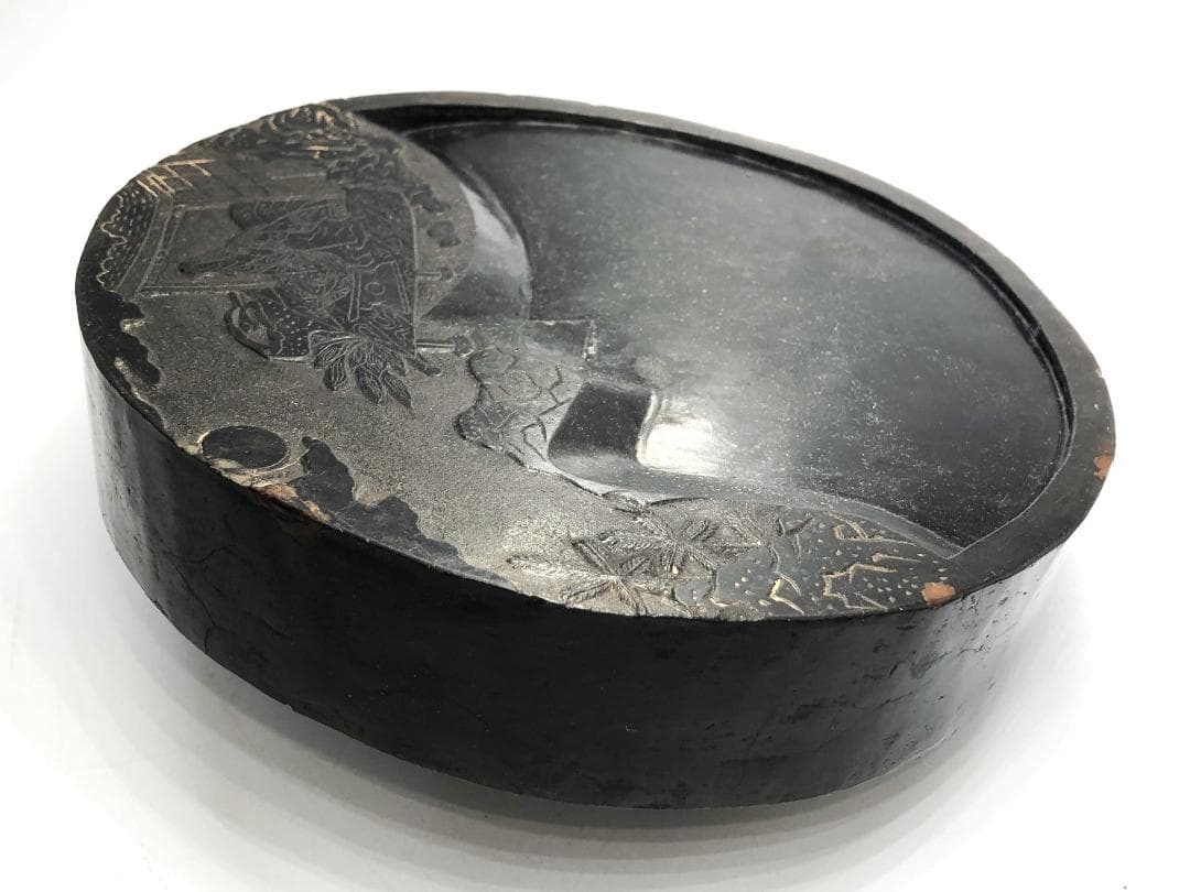 【 黒色澄泥硯 】　本阿弥光悦 作/土佐光起 下絵　伝世品　　O1205E