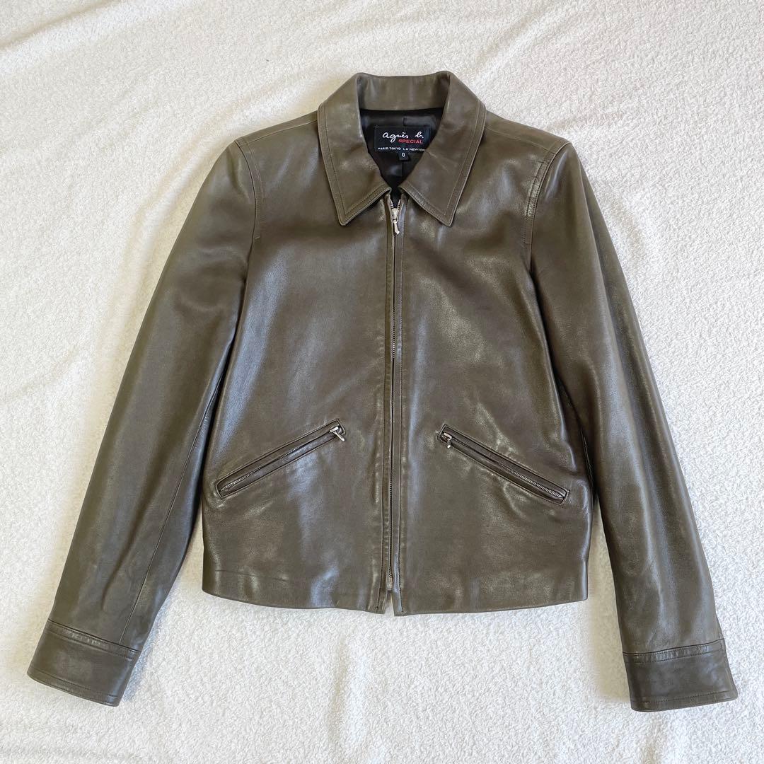 美品 サイズ0 アニエスベースペシャル シングルライダースジャケット カーキ