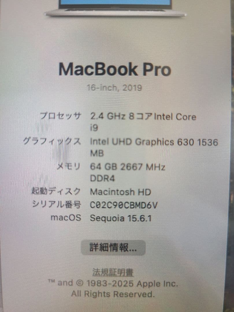 MacBook Pro 2019年 16インチ Core i9 64GB 2TB