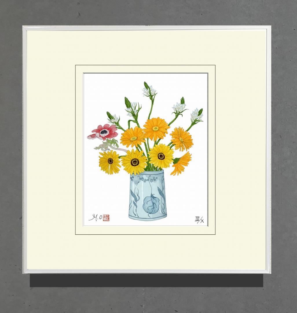 有名国際展作家「ガーベラ」花/D・リトグラフ/10部限定/直筆サイン　小原雅夫