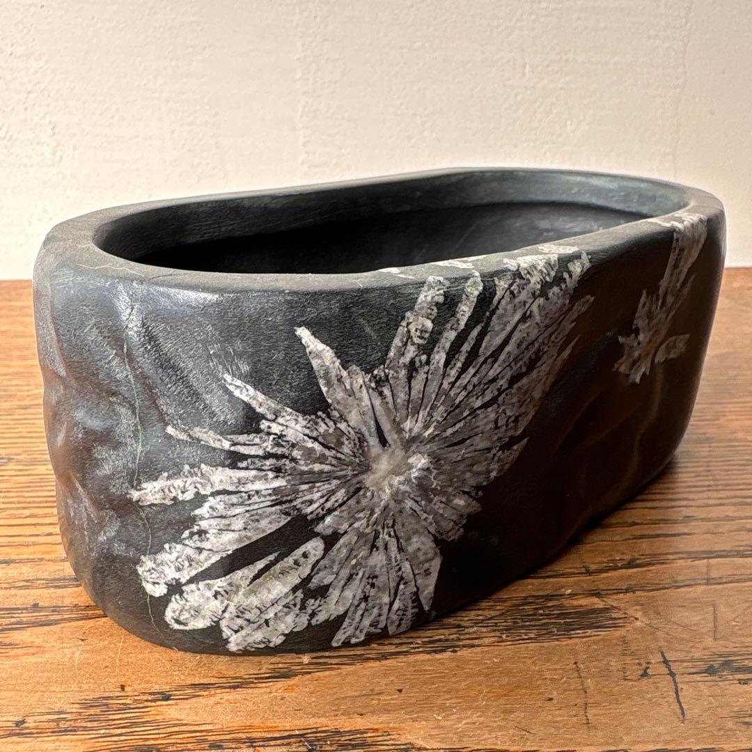 菊花石 鑑賞石 くり抜き 花器 水盤 いけばな 黒 茶花 レア 骨董 珍品
