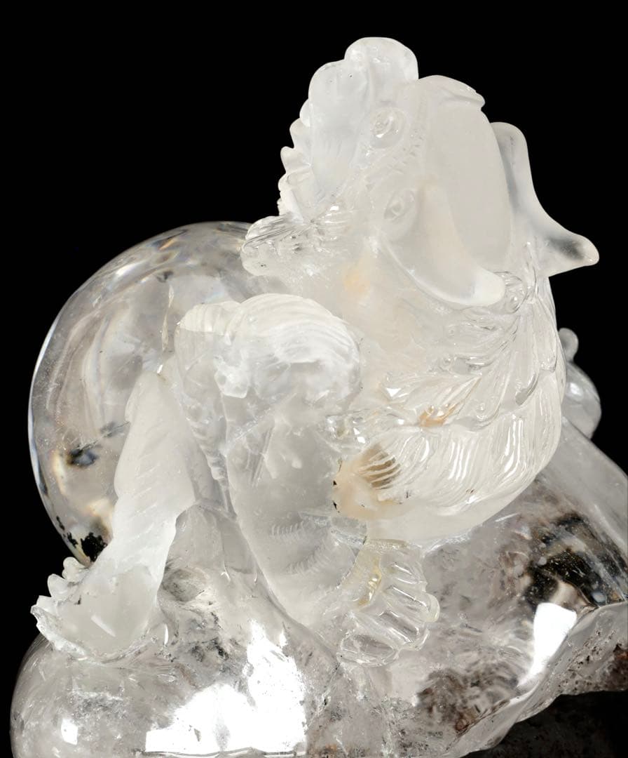 中国美術 水晶玉乗獅子 万事如意刻印 置物 老水晶彫 古水晶 唐物 古美術 骨董