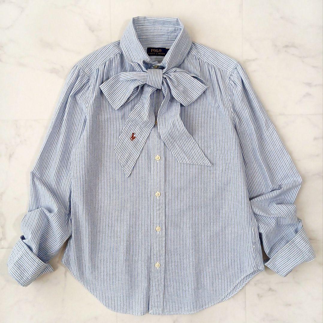 美品 ポロラルフローレン 現行 ボウタイブラウス シャツ ストライプ ポニー刺繍