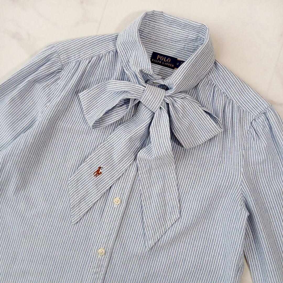 美品 ポロラルフローレン 現行 ボウタイブラウス シャツ ストライプ ポニー刺繍